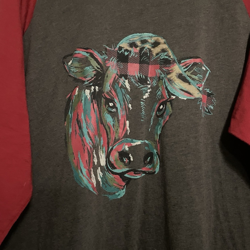 Crazy Train XXXL 3XL Brown Red Raglan 3/4 Sleeve T Shirt Tee Multicolor Cow